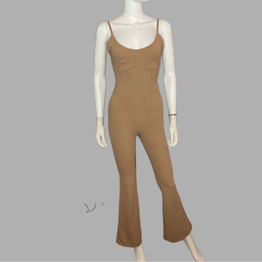 JoyLab Tan Scoop Neck Body Con Jumpsuit Activewear With Flared‎ Leg
